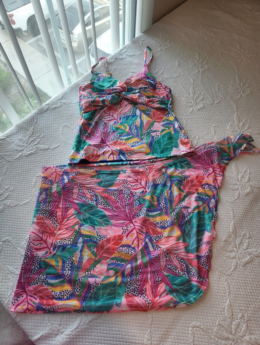 Floral Twist-Front Swim Coverup Set — Pink & Teal